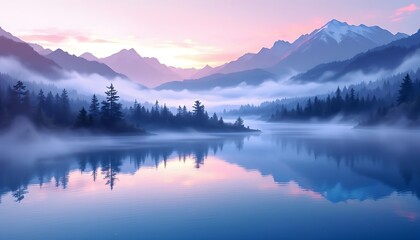 Misty Mountain Lake: Serene Sunrise Landscape