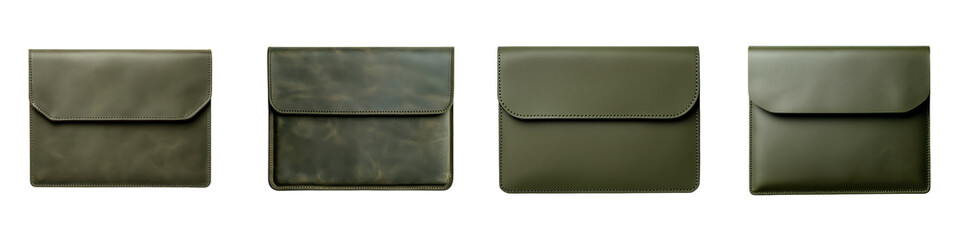 Green leather envelope pouches for storing organizing and transporting important documents paperwork and correspondence in a minimalist modern design