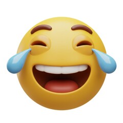 A 3D illustration of a yellow emoji face with tears of laughter streaming from its eyes wide open mouth and raised eyebrows isolated on a white background