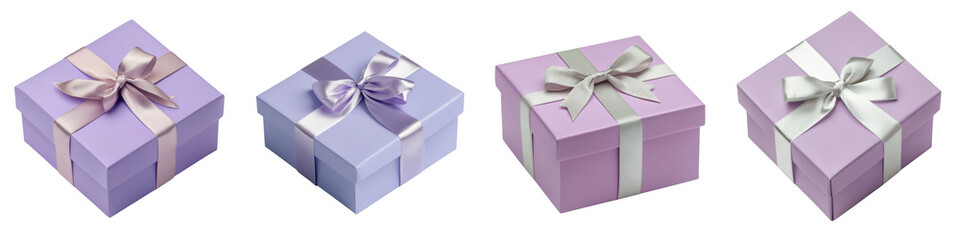 Obraz premium Elegant lavender gift boxes with soft gray satin ribbons and bows arranged in a flatlay design The gift boxes represent special occasions such as birthdays anniversaries or holidays