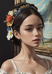 Naklejka premium portrait of a woman with flowers on her hair and lovely landscape painting behind her