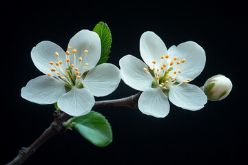 Delicate white blossoms on a branch against a black background