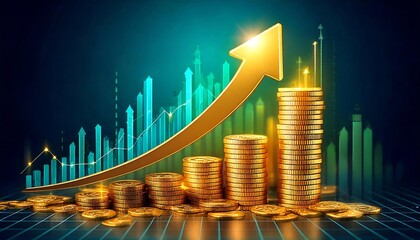 Growth money business increase finance profit on 3d investment background with coin stock wealth arrow graph. Financial economy concept rise gold strategy cash currency. Success market economic budget