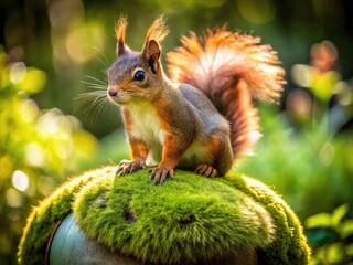 Fototapeta premium Foxy Squirrel Macro Photography: Wild Animal in Woodland Habitat - Grass, Hassock, Bush
