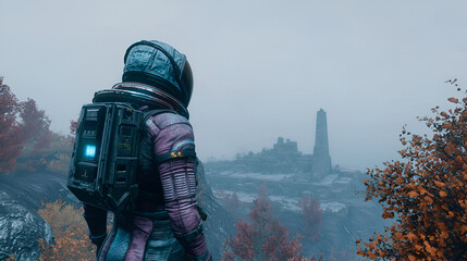 Astronaut surveys alien ruins, autumn landscape, foggy day, game concept