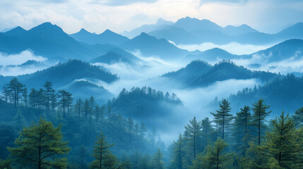 Obraz premium Rolling blue mountain ranges shrouded in fog