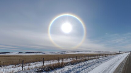 Winter sun halo over snowy prairie highway