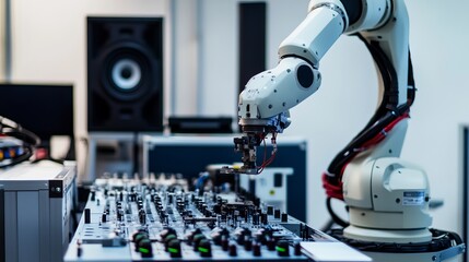 A robotic arm assembling advanced audio equipment in a clean, high-tech audio lab, modern and technical environment with a focus on audio technology