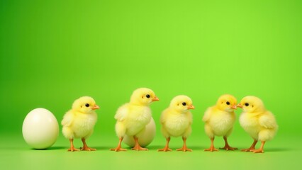 Naklejka premium Five adorable yellow chicks align in harmony, gazing rightward against a lush green backdrop, flanked by three pristine white eggs, crafting a serene farm tableau
