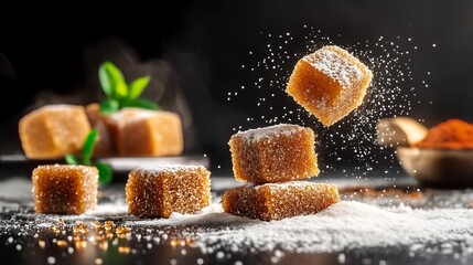 Golden Brown Sugar Cubes Levitate Dynamically. AI Generated