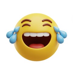 A 3D illustration of a yellow emoji laughing with tears streaming from the eyes isolated on a white background