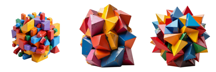 Colorful Geometric Wooden Sculptures Displaying Dynamic Shapes