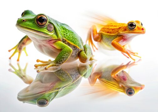 White background showcases long-exposure images of Polypedates leucomystax & maculatus frogs.  Stunning reptile photography.