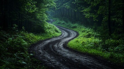 Fototapeta premium off-road track cutting through a vibrant dark green forest, with rugged terrain and dappled sunlight creating an inviting atmosphere for outdoor enthusiasts