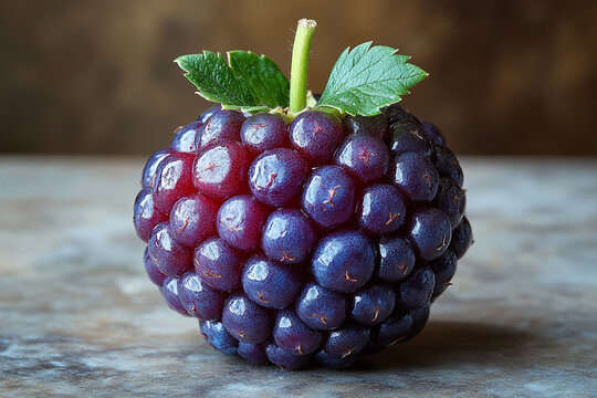 Single Dark Blackberry with Green Leaf Atop