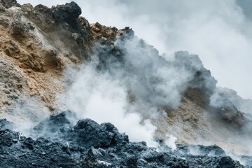 Volcanic Landscape with Geothermal Features Showcasing Steaming Craters and Rocky Terrain in a Dramatic Natural Setting