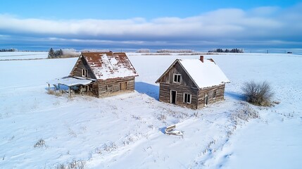 Two abandoned houses in snowy field