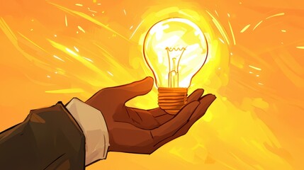 Hand Holding a Glowing Light Bulb Against a Bright Orange Background