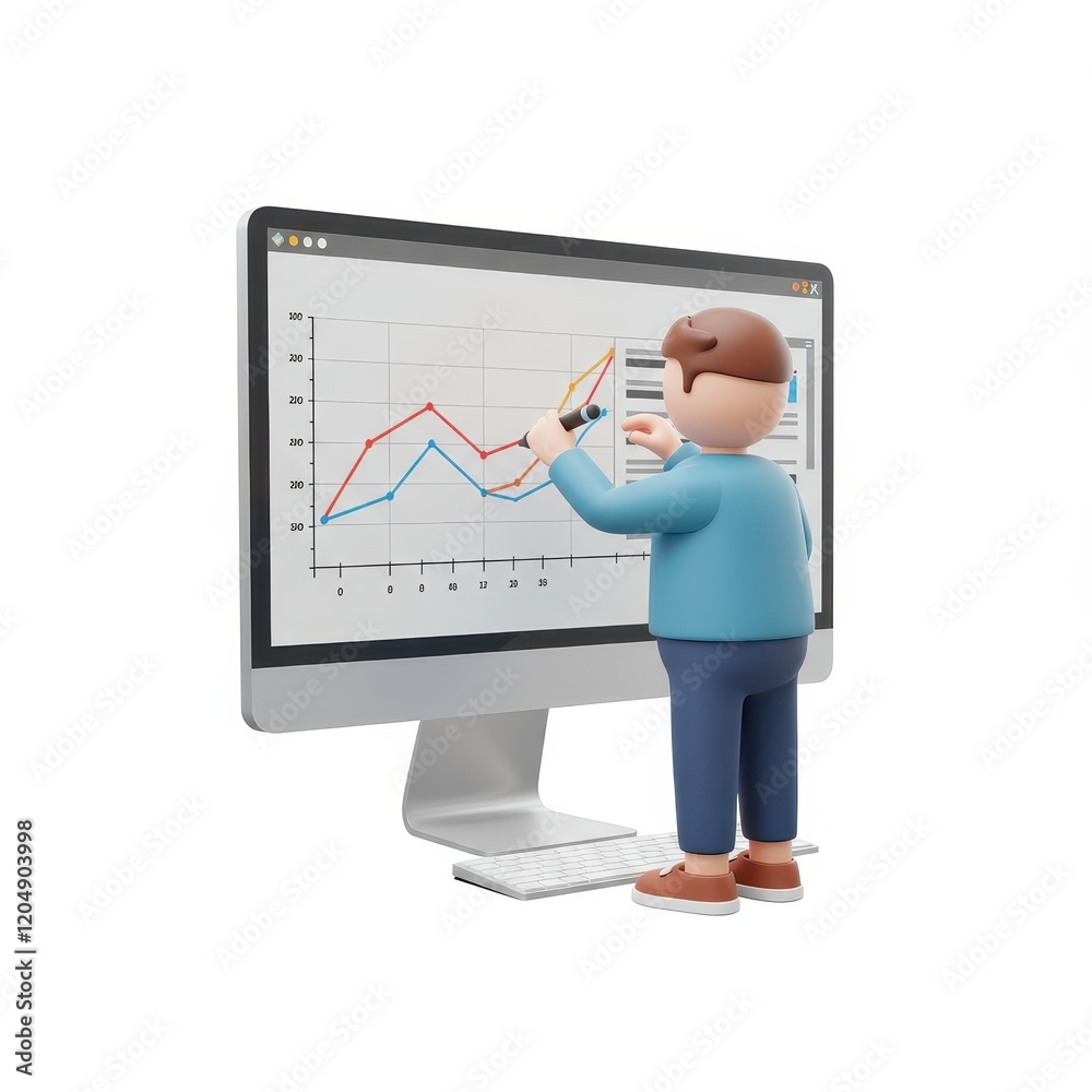 Poster a 3d illustration of a person interacting with a graph on a large computer screen isolated on a whit