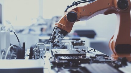 A robotic arm assembling advanced audio equipment in a clean, high-tech audio lab, modern and technical environment with a focus on audio technology