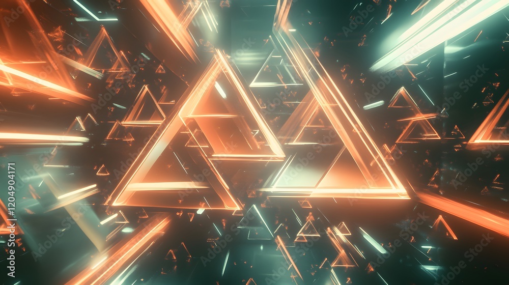 Poster dynamic geometric light patterns virtual environment 3d animation futuristic setting aerial perspect