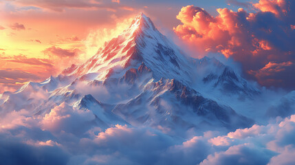 A high mountain peak covered in snow is depicted amidst a sunset sky