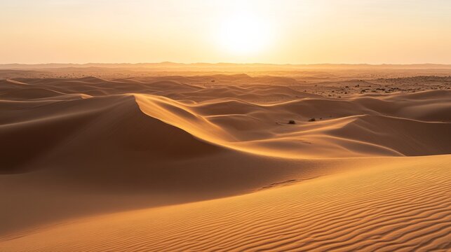 A serene desert landscape with rolling sand dunes at sunset, Desert scene, Tranquil style