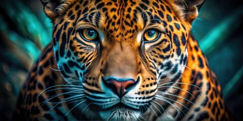 Obraz premium Jaguar Close Up, Long Exposure Photography, Dark Amber Cyan, Wildlife Portrait, Big Cat Face