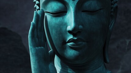 Obraz premium Buddha statue, serene face, close-up, spiritual meditation background, for meditation or mindfulness