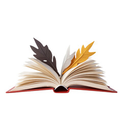 Red Hardback Book Open with Feather Quills in Cozy Reading Space