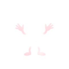 Faint pink cartoon figure, arms and legs outstretched.