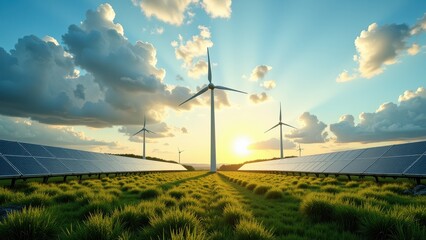 Obraz premium Eye-level panorama reveals lush green fields bordered by neat rows of gleaming solar panels, while a solitary wind turbine stands sentinel at the heart, symbolizing harmonious renewable energy innovat