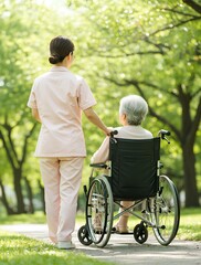 車椅子・介護・新緑・シニア・公園｜Wheelchair. Nursing. Fresh greenery. Seniors. Park.