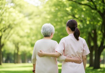 公園を散歩するシニア女性と介護士の後ろ姿｜Back view of a senior woman and her caregiver walking in the park.