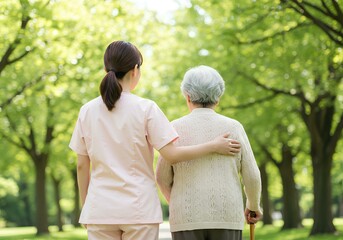 リハビリをするシニア女性と介護士の後ろ姿、公園背景｜Back view of a senior woman and caregiver undergoing rehabilitation, with a park background