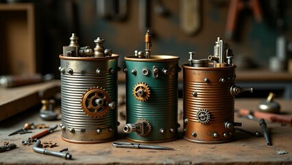 Steampunk crafts made from food cans, painted in metallic tones and adorned with gears and cogs. Vintage industrial art meets eco-friendly creativity in these unique designs.