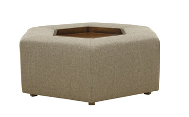 Grey fabric stools ottoman couch with wooden legs + clipping path.
The ottoman is isolated on a White background. Furniture, interior object, Modern ottoman.