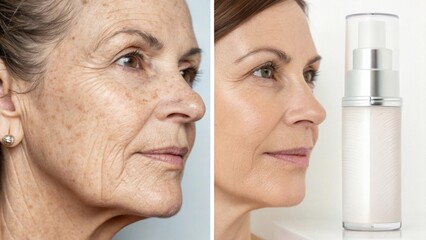 The image compares a woman's face showing signs of aging to a younger appearance alongside a skincare product, highlighting the effects of skincare.