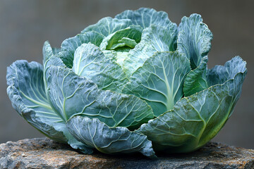A single head of cabbage rests on a rock