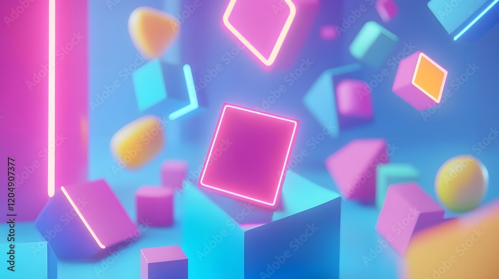 Poster dynamic abstract shapes floating in neon colors digital space 3d animation vivid environment creativ