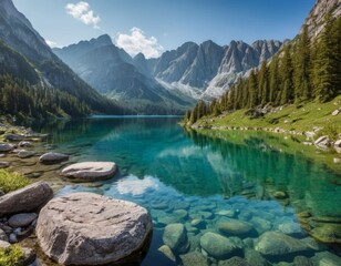 Crystal-Clear Mountain Lake Reflecting Majestic Peaks Under a Sunny Sky