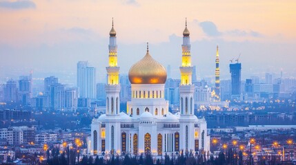 Obraz premium Panoramic View of Bustling City with Illuminated Buildings and Golden Dome Mosque at Dusk