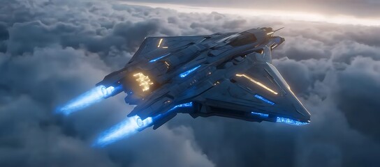 Futuristic spaceship soaring through dramatic clouds at sunset.