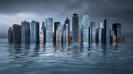 Fototapeta premium Flooded city skyline under stormy skies; climate change impact illustration