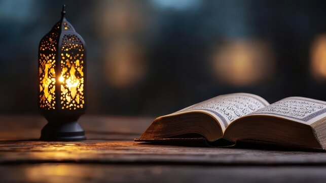 Open Quran on Rustic Surface with Lantern Illuminating Surah Al Fatiha in Soft Light