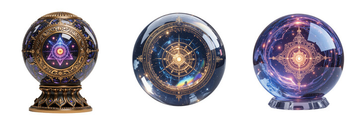 Naklejka premium Intricate Crystal Orbs Displaying Symbolic Designs on Stands