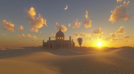 Obraz premium Serene Desert Mosque Illuminated by Warm Sunset Light with Crescent Moon Overhead