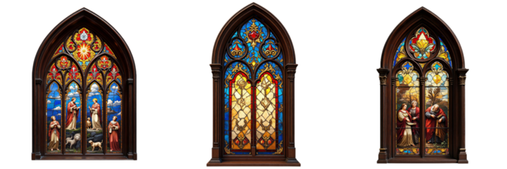 Intricate Stained-Glass Windows Displaying Religious and Geometric Designs