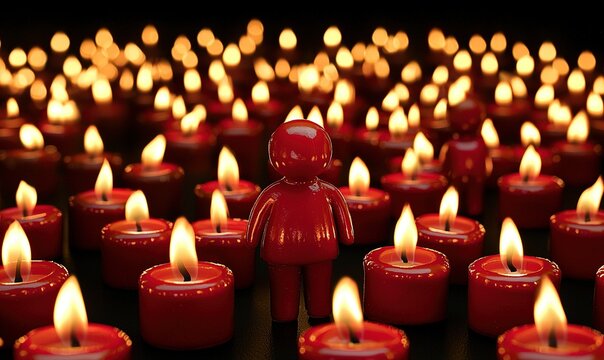 Red figure amidst glowing red candles in darkness, ideal for remembrance or vigil visuals