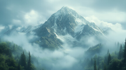 Obraz premium A snowy mountain peak is visible through low clouds and trees
